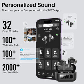 TOZO NC3 app screen with 32 EQ presets for personalized sound control