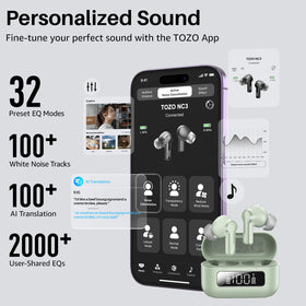 TOZO NC3 app EQ screen with 32 presets for personalized sound tuning