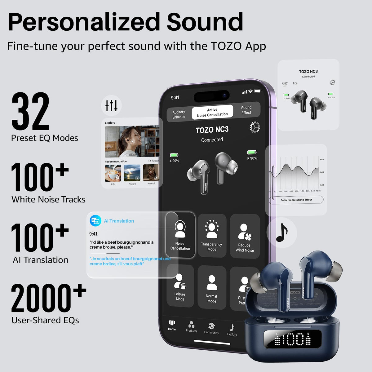 TOZO NC3 assortment of ear tip sizes and accessories, allows personalized seal