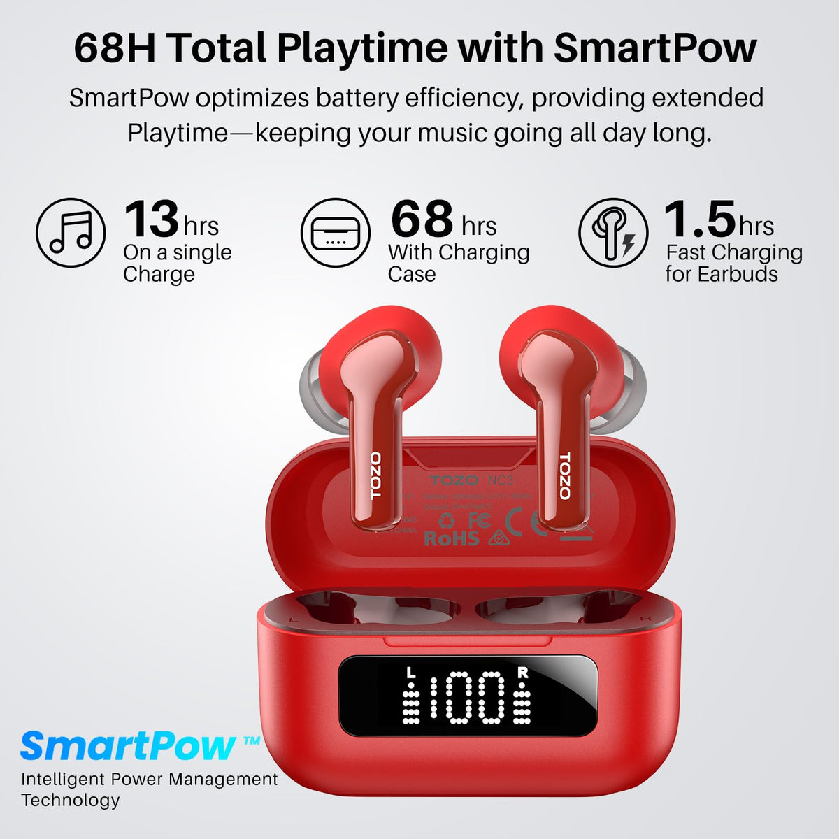 TOZO NC3 earbuds worn by runner, secure fit for active movement