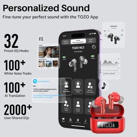 TOZO NC3 app EQ screen with 32 presets for customizable sound
