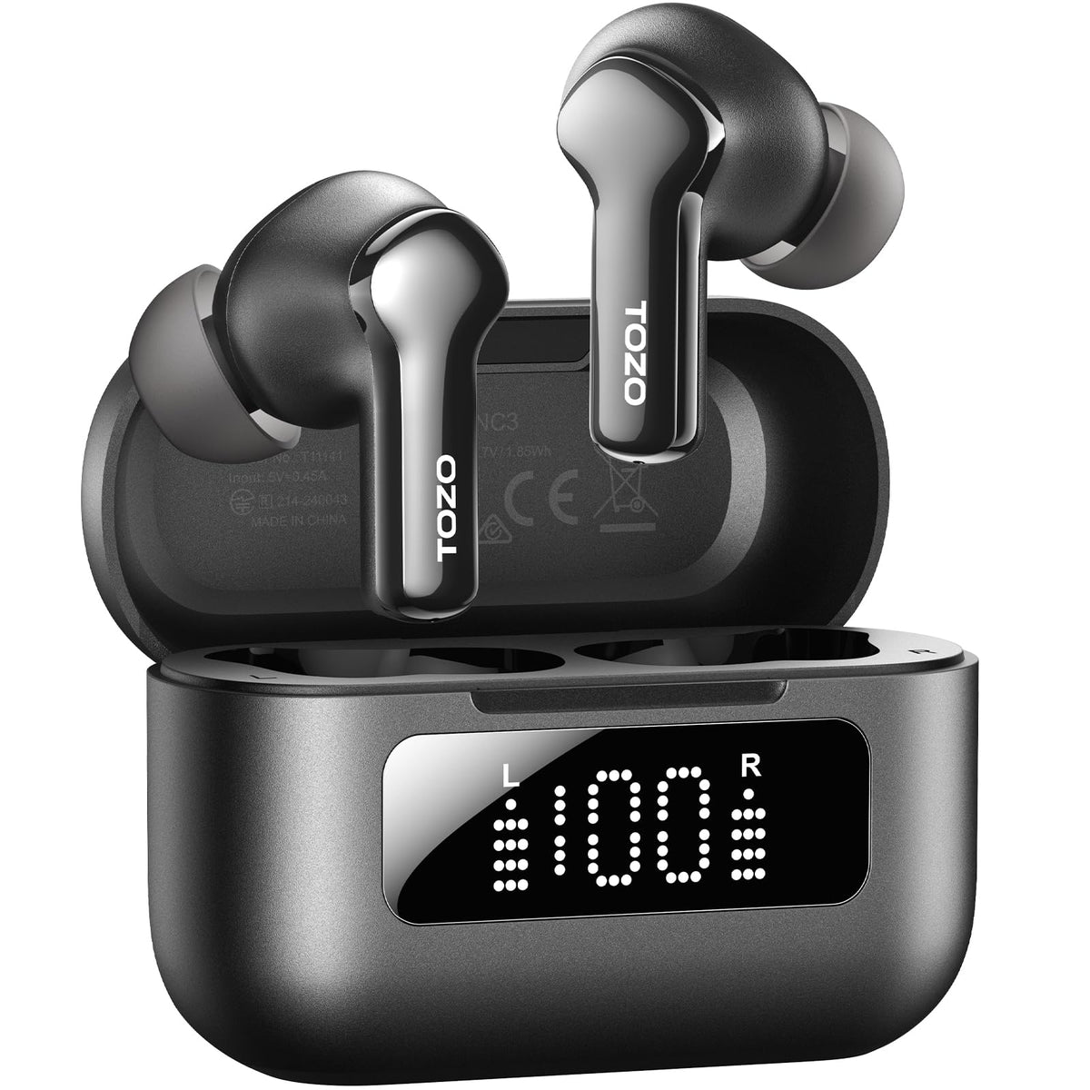 TOZO NC3 case open showing earbuds and LED display for quick battery view