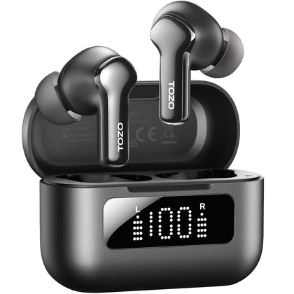 TOZO NC3 case open showing earbuds and LED display for quick battery view