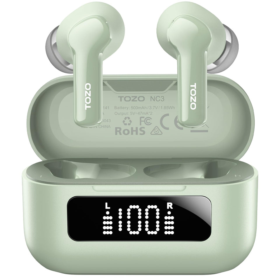 TOZO NC3 front packaging showing earbuds and case, highlighting compact design