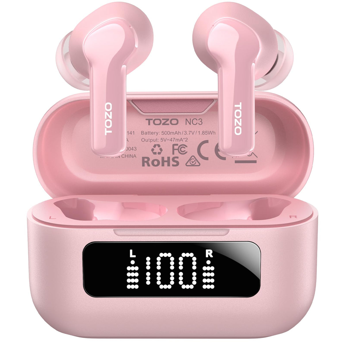 TOZO NC3 front view showing earbuds and case for compact portability