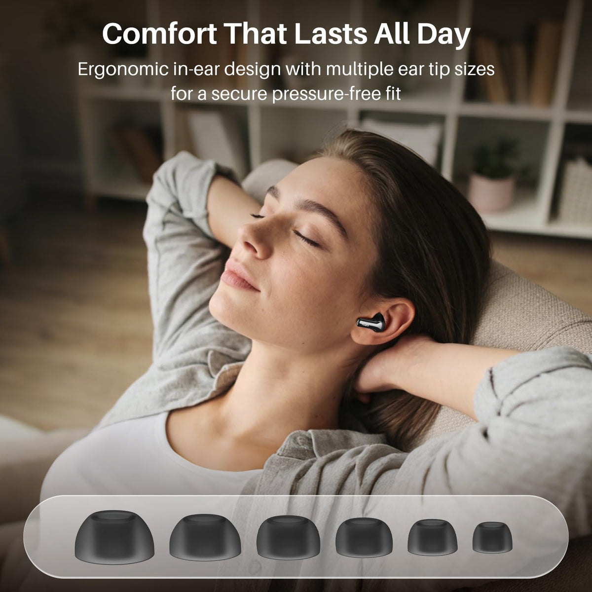 TOZO NC3 earbuds worn while running showing secure fit and sweat resistance
