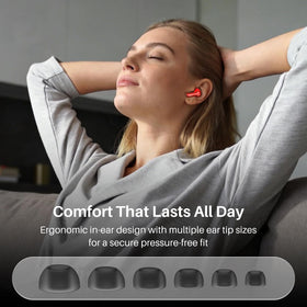 TOZO NC3 earbuds held in hand to show scale and portability benefit