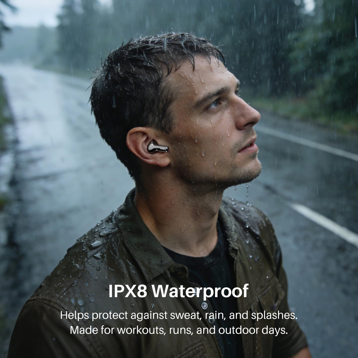 TOZO NC3 earbuds with water splashes illustrating IPX8 protection for workouts