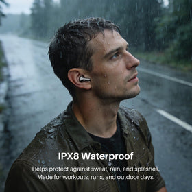 TOZO NC3 earbuds with water splashes illustrating IPX8 protection for workouts