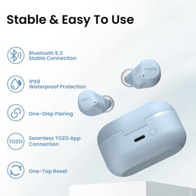TOZO NC9 accessories laid out with six ear tips showing fit options for comfort