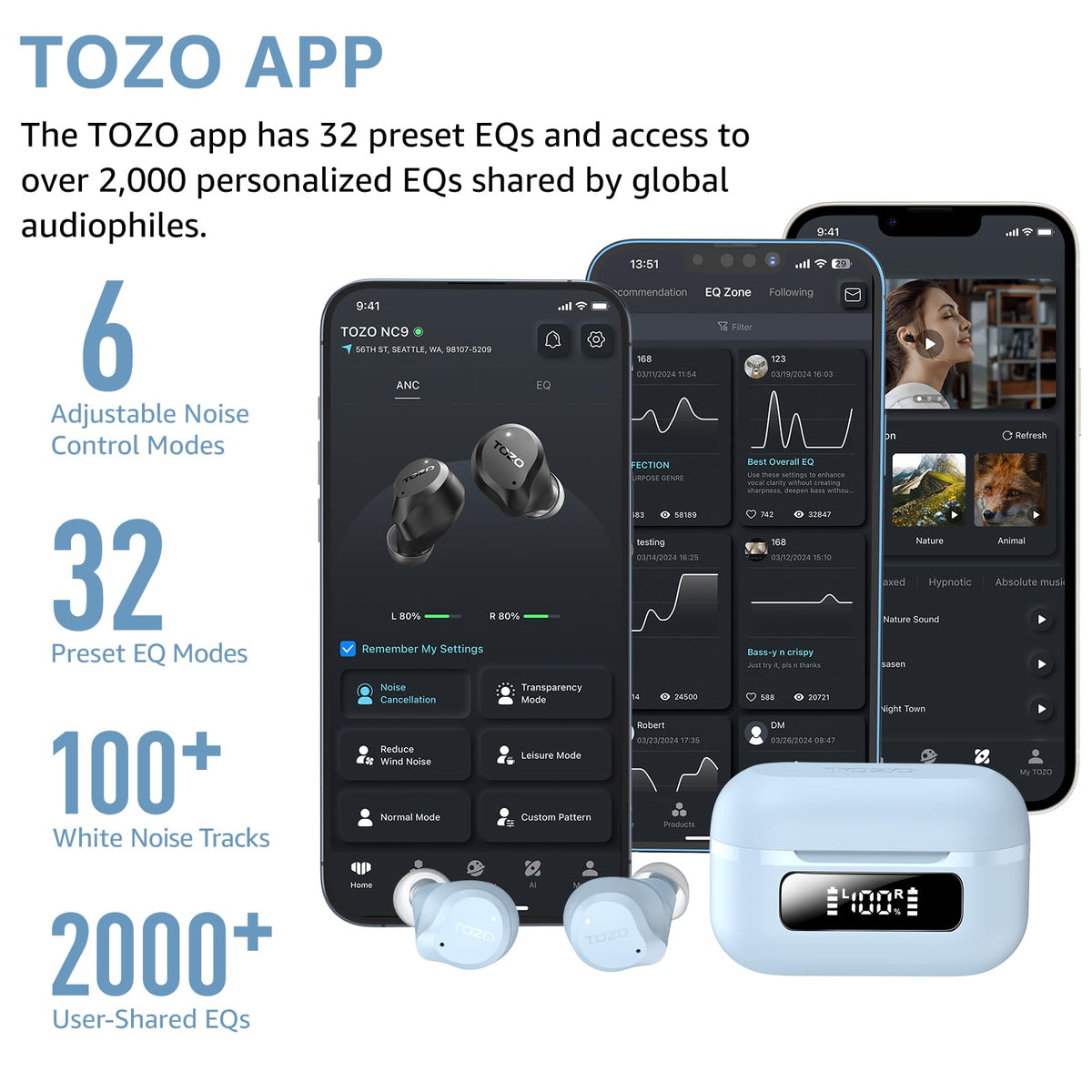 TOZO NC9 app EQ screen showing 32 presets and customization for personalized sound