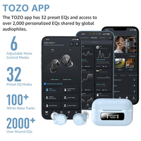 TOZO NC9 app EQ screen showing 32 presets and customization for personalized sound