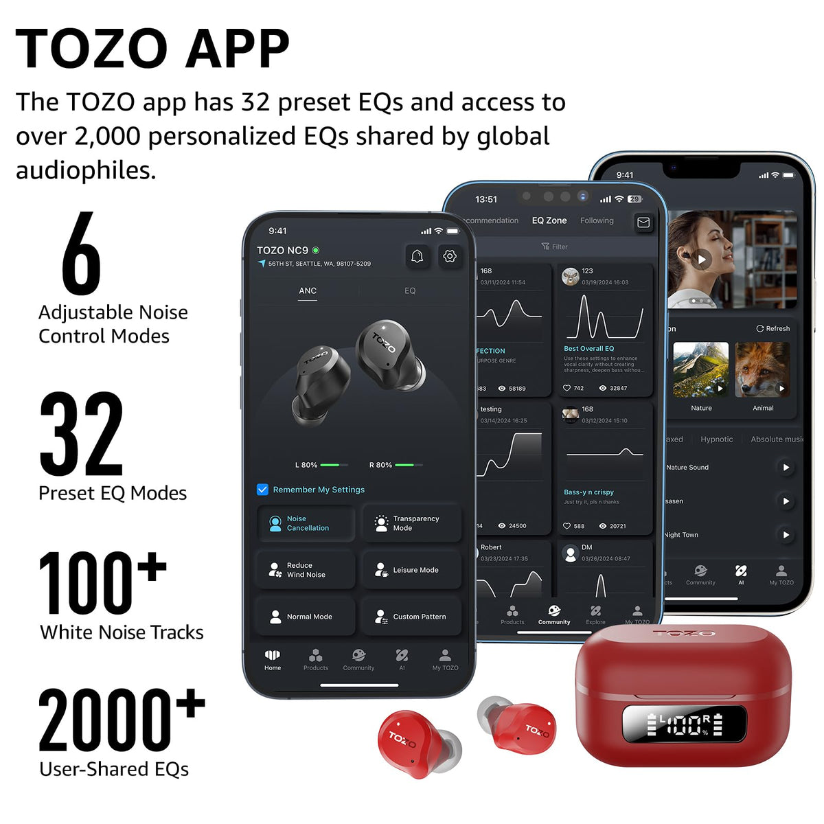 TOZO NC9 charging case open with earbuds showing storage and recharge benefit
