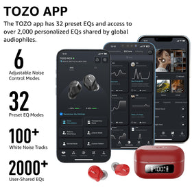 TOZO NC9 charging case open with earbuds showing storage and recharge benefit