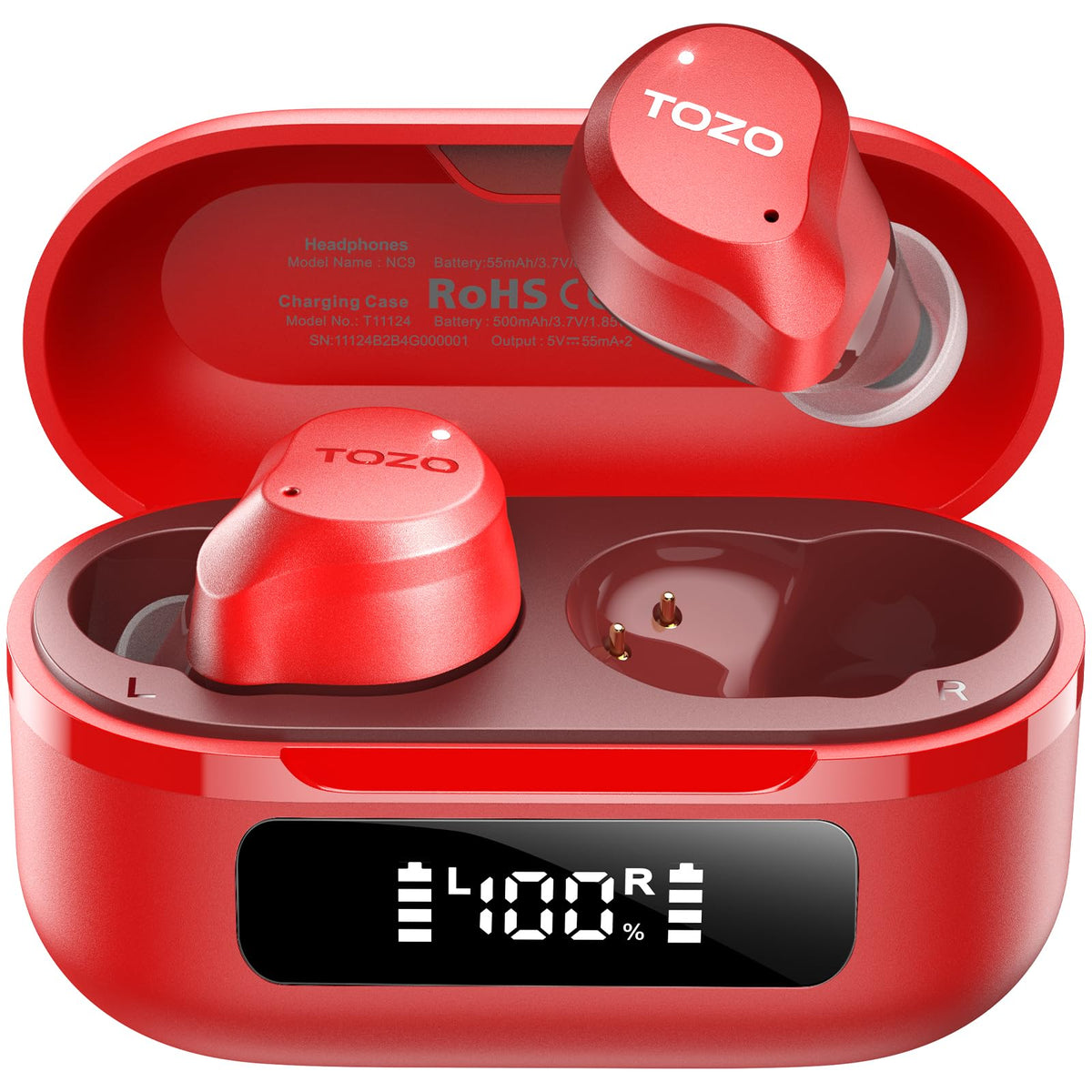 TOZO NC9 charging case front view showing compact design and battery display