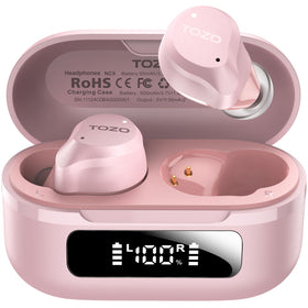 TOZO NC9 charging case open with LED display showing battery level, useful for planning usage
