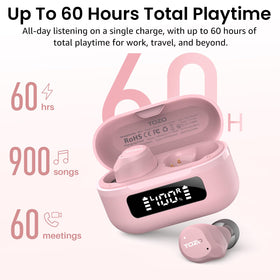 TOZO NC9 charging case with earbuds beside a phone for scale and travel-ready convenience