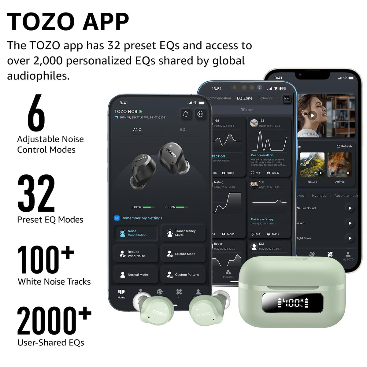 TOZO NC9 layout with six eartip sizes displaying fit options for personalized comfort and seal