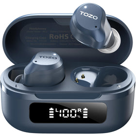 TOZO NC9 front view with open case showing earbuds and compact portability benefit