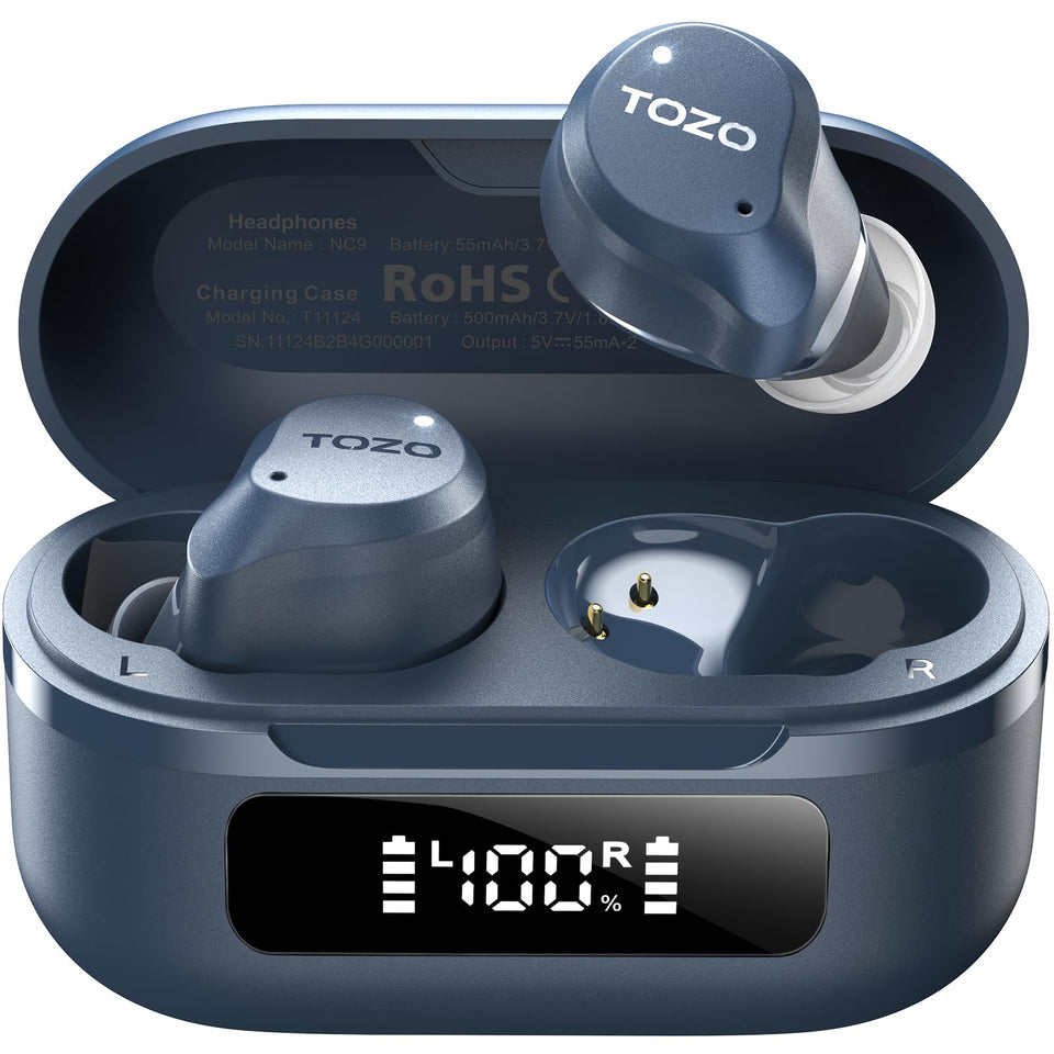 TOZO NC9 front view with open case showing earbuds and compact portability benefit