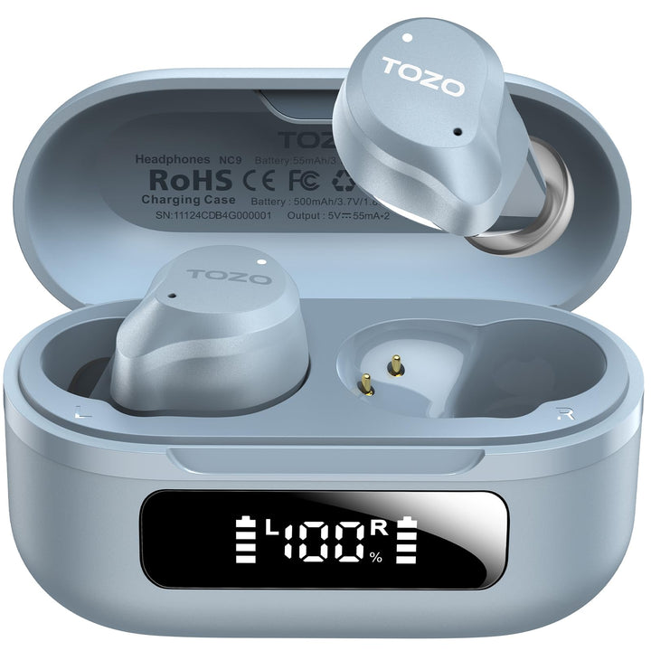TOZO NC9 front view with case open showing earbuds and charging LED readout for convenience