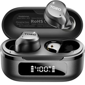 TOZO NC9 front packaging showing earbuds and case, highlights compact design