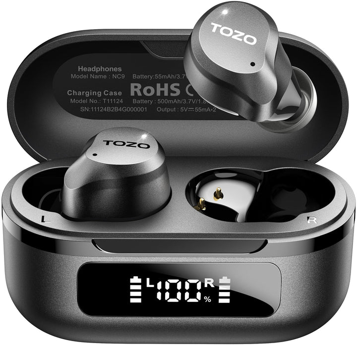 TOZO NC9 front packaging showing earbuds and case, highlights compact design