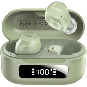 TOZO NC9 front view with open charging case showing earbuds and LED display for quick battery checks