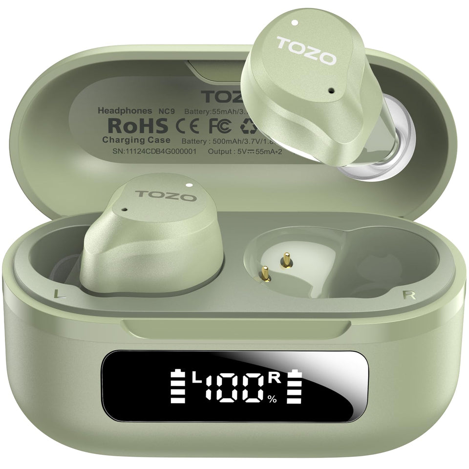 TOZO NC9 front view with open charging case showing earbuds and LED display for quick battery checks