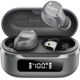 TOZO NC9 front view with open charging case showing earbuds and compact design benefit