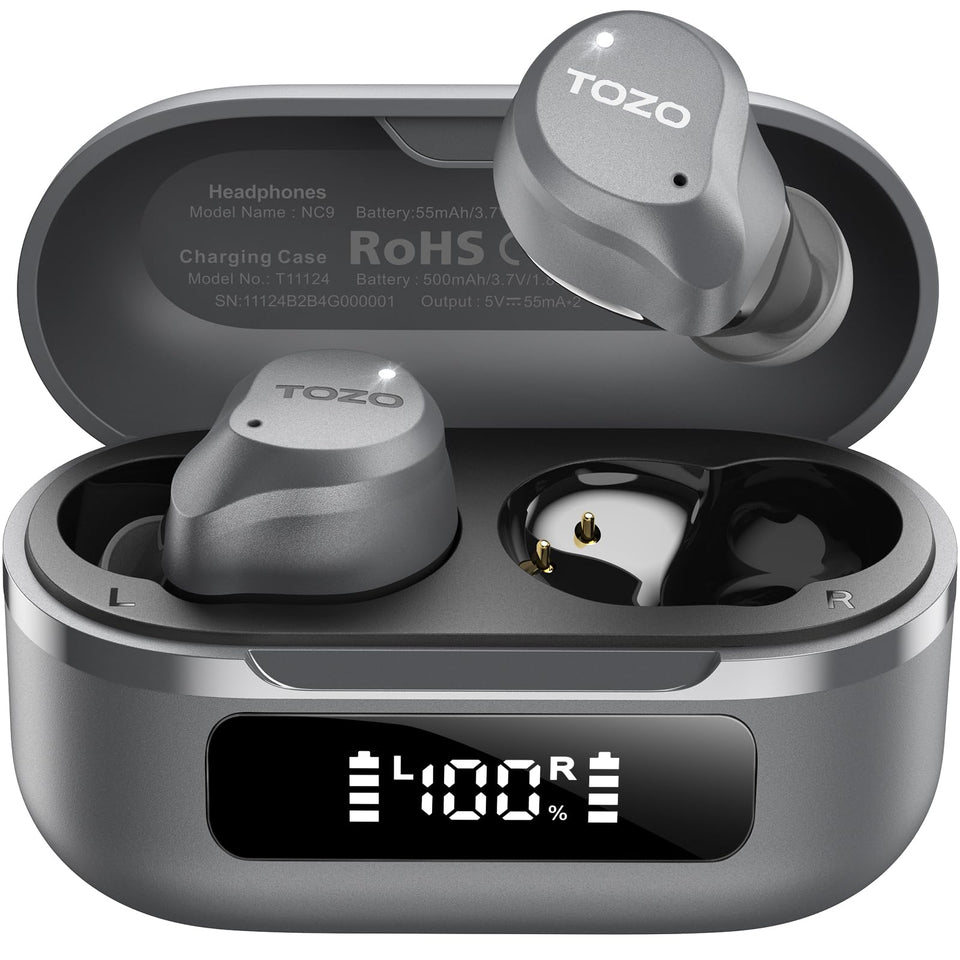 TOZO NC9 front view with open charging case showing earbuds and compact design benefit