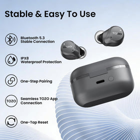 TOZO NC9 packaging and included accessories laid out for unboxing clarity