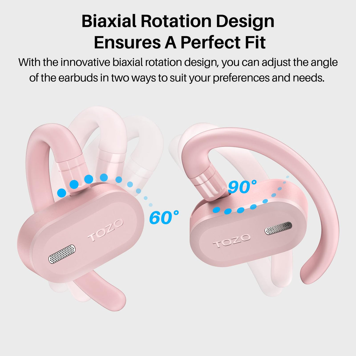 TOZO O2 open-ear fit with breathable design for extended wear.