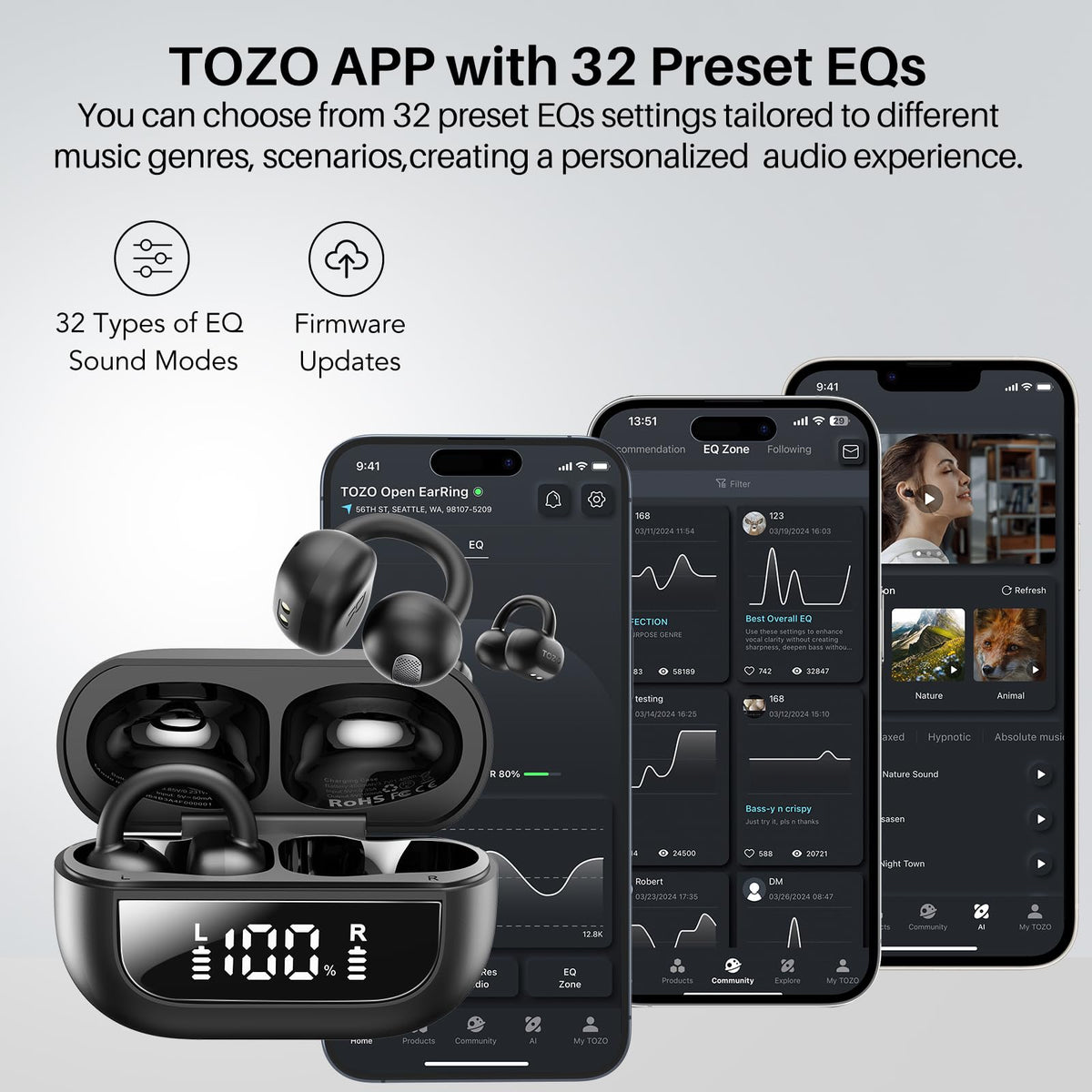 TOZO OpenEarRing app EQ screen showing 32 customizable modes