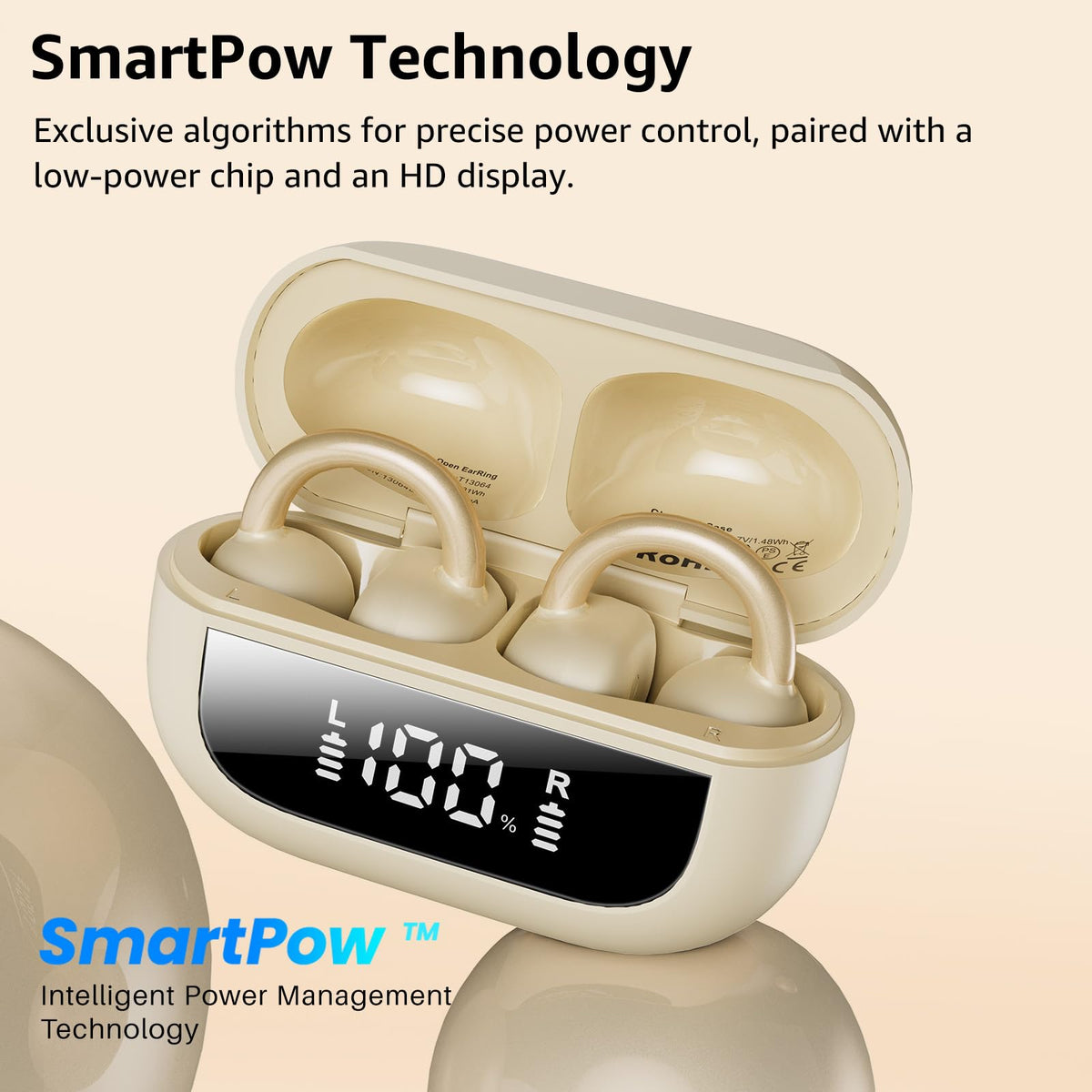 TOZO OpenEarRing charging case with digital display showing battery status