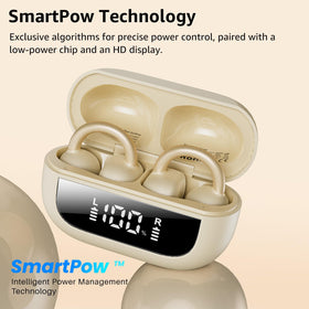 TOZO OpenEarRing charging case with digital display showing battery status
