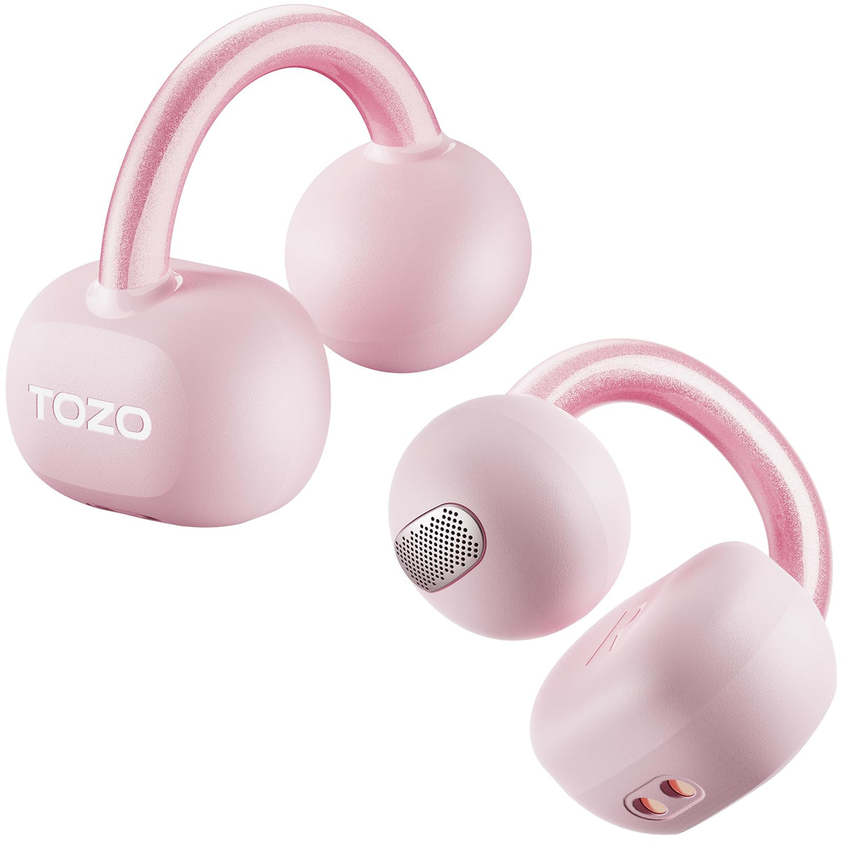TOZO OpenEarRing front packaging showing rose gold earbuds and case, highlights portability