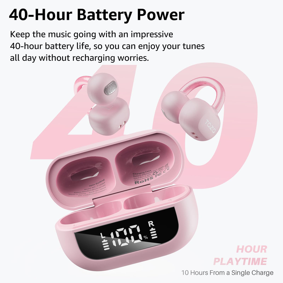 TOZO side profile of clip fit on ear, emphasizes stable pressure-free wearing comfort