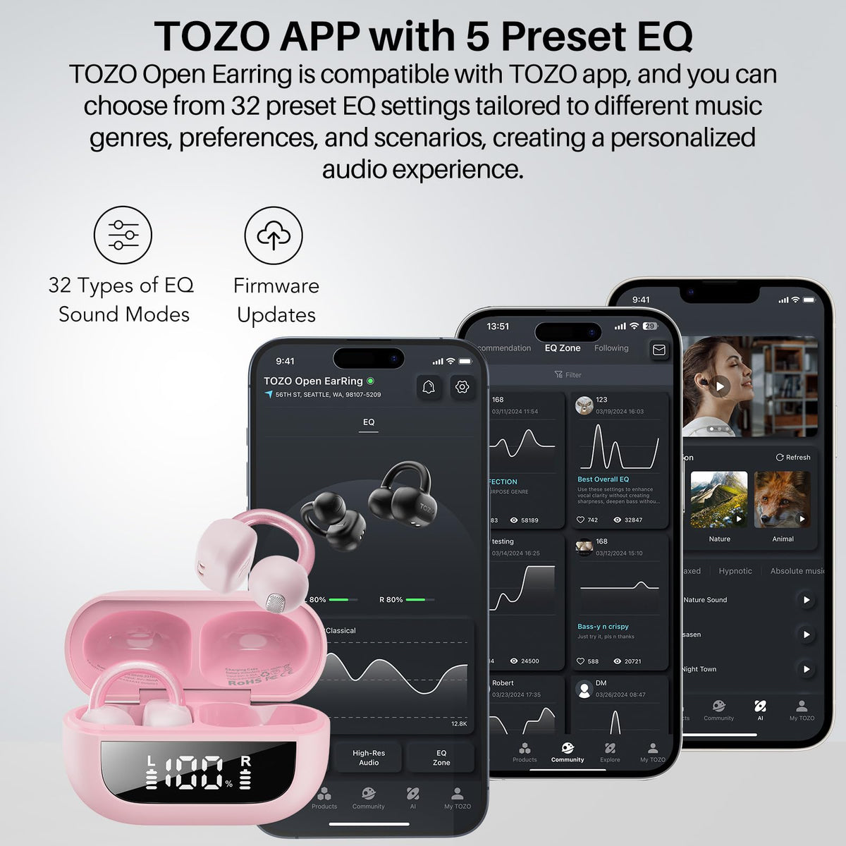TOZO earbuds in hand for size comparison, illustrates compactness and travel convenience