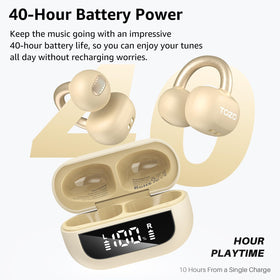 TOZO OpenEarRing in hand size comparison showing ultra-lightweight 5.1g earbuds