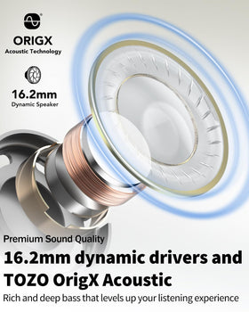 TOZO OpenReal driver close-up highlighting 16.2mm drivers for rich sound