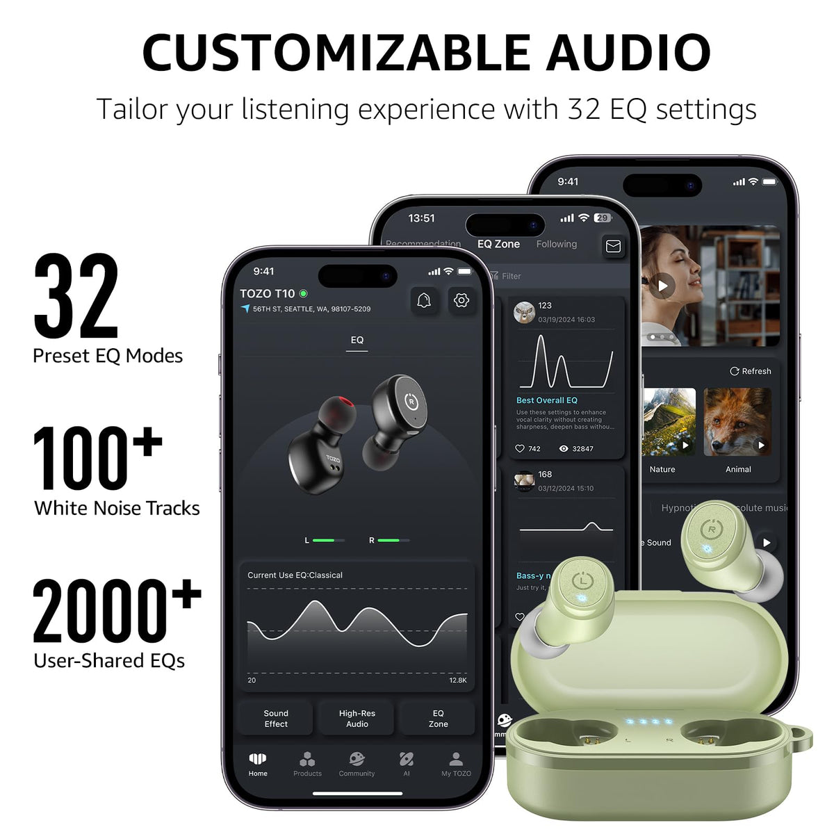 TOZO T10 app EQ screen displaying customizable presets for tailored sound