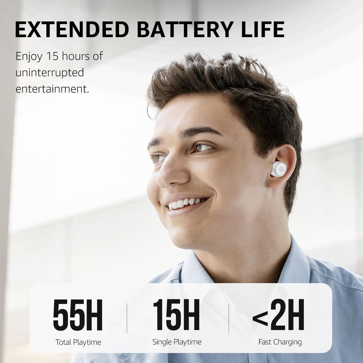TOZO T10 earbud close-up on driver detail, illustrating improved audio clarity