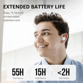TOZO T10 earbud close-up on driver detail, illustrating improved audio clarity