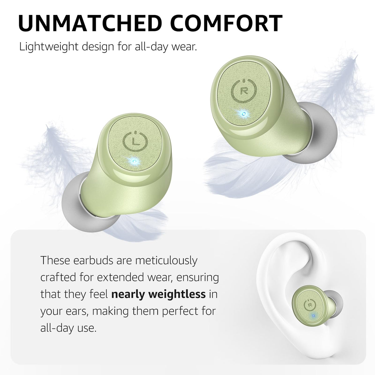 TOZO T10 fitted in ear demonstrating ergonomic secure fit for comfort