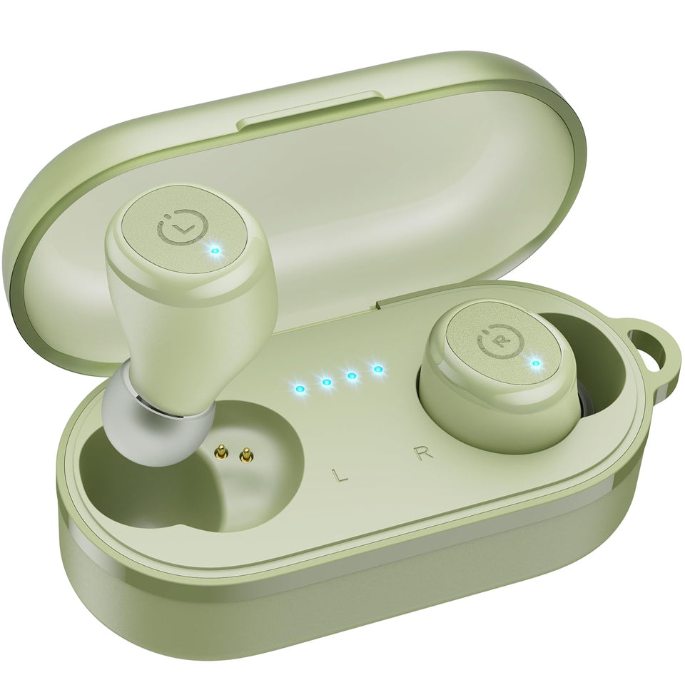 TOZO T10 front view with open charging case showing earbuds and battery benefit