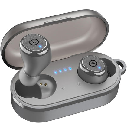 TOZO T10 front view with open charging case showing earbuds and portability benefit