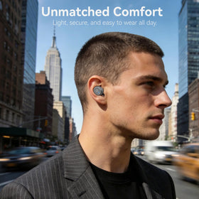 TOZO T10 worn in ear on model showing secure fit and comfortable wear benefit