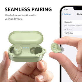 TOZO T10 case label and port detail showing connectivity and charging options