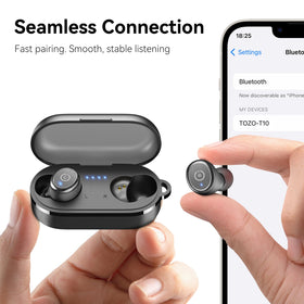 TOZO T10 case label and specs closeup helping buyers confirm features quickly